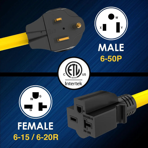 Nema 6-50 To 6-20 Plug Adapter Featuring 10 Awg Stw Wire For Ev Charger And Welder Power Hookup Heavy Duty Shop Ready Solid Gear That Kicks Ass Every Day, showing male and female connectors.