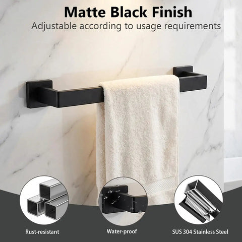 Dope Matte Black Bathroom Accessories Set 5 Piece Rustproof SUS304 Stainless Steel towel bar with towel displayed on wall