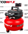 Six Gallon Pancake Air Compressor With 150 Psi Output And 2.6 Cfm Flow, Rock Hard Steel Tank, Padded Carry Strap, Non Slip Base, Hella Reliable Shop Beast For Weekend Grinds And Tailgate Tools In Vibrant Red with gauges and couplers.