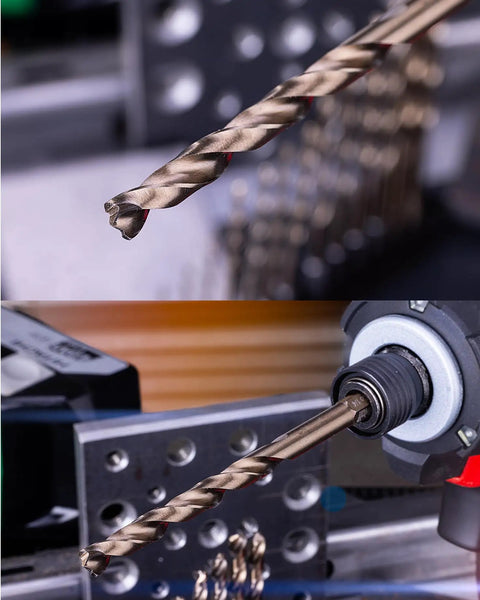Close-up of Beefy 14 Piece M35 Cobalt Drill Bit Set For Stainless Steel And Hard Metals And Cast Iron, Jobber Length in use