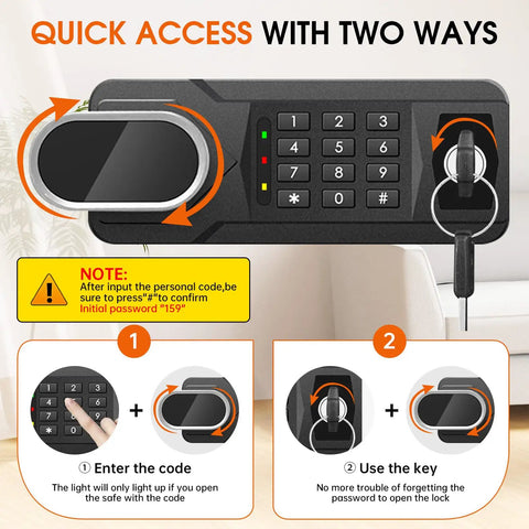Front view of 1.3 Cu Ft Small Fire Safe Box For Home With Electronic Keypad And Spare Keys, showing quick access instructions.
