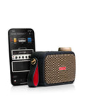 Ultra Portable 5W Smart Guitar Amp With Bluetooth Speaker Headphone Amp And Mobile App For Electric Acoustic Or Bass Guitars 33 Amps 43 Effects Custom Presets 50,000 ToneCloud Tones next to smartphone interface.