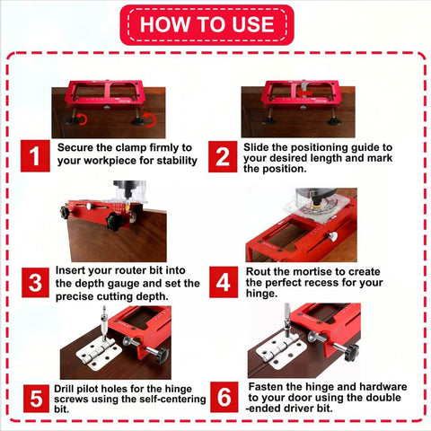 Step-by-step guide using Door Hinge Jig Kit For Router, Aluminum Alloy Adjustable Mortise Template For Hinges From 2.5 To 5 Inches Long