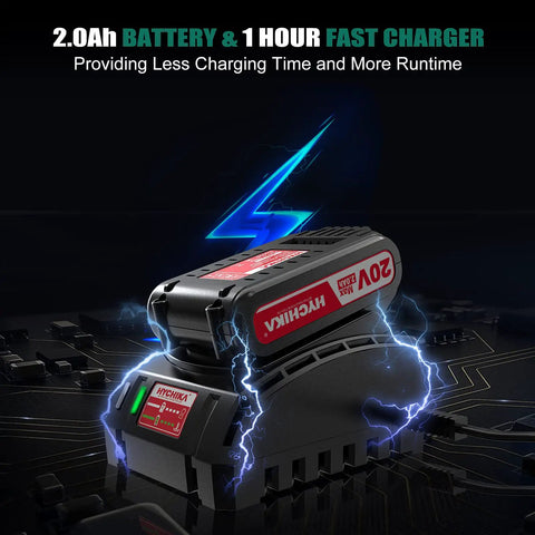 2.0Ah battery and fast charger for Cordless Hammer Drill Driver 20V With Side Handle And 400 Inch Lbs Torque Half Inch Metal Chuck