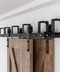 7Ft Low Ceiling Bypass Sliding Barn Door Hardware Kit With Double Track For Double Wooden Doors Black Finish, installed view