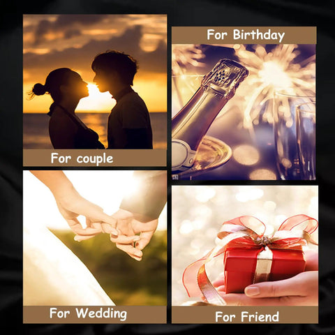 Collage of images featuring moments for couple, birthday celebrations, wedding hand-holding, and gift for friend.