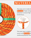 Close-up of Beefy Heavy Duty Tree Rigging Rope Half Inch By 100 Feet 48 Strand Braided Bull Rope 9000 Lbs MBS in orange