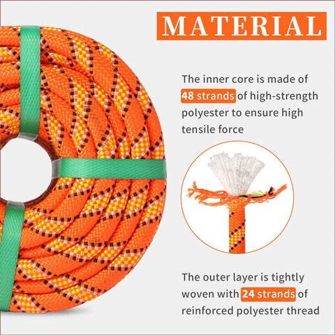 Close-up of Beefy Heavy Duty Tree Rigging Rope Half Inch By 100 Feet 48 Strand Braided Bull Rope 9000 Lbs MBS in orange
