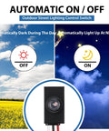 Six Pack Dusk To Dawn Outdoor Lighting Sensor Kit 100 To 277V Photoelectric Switch showing automatic on/off function day and night sky