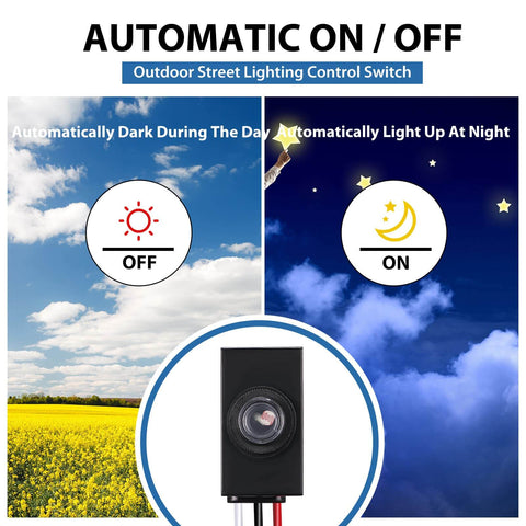 Six Pack Dusk To Dawn Outdoor Lighting Sensor Kit 100 To 277V Photoelectric Switch showing automatic on/off function day and night sky