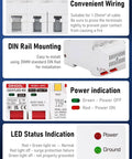 Heavy Duty Ground Fault Circuit Breaker With Integrated Voltage Surge Arrester Protection showing wiring details, DIN rail compatibility, and LED indicators.
