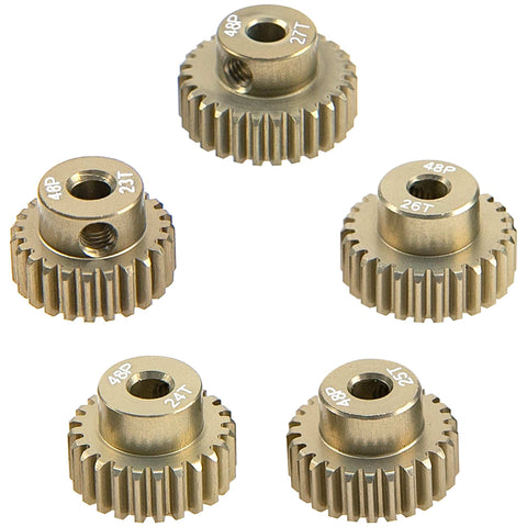 Beefy 7075 Aluminum 48P Pinion Gear Set 23T 24T 25T 26T 27T for 3.175mm shaft shown arranged in a group