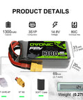 3S LiPo Battery 1300mAh 11.1V 80C Burst With XT60 Connector For RC FPV Racing Drones showing specifications and weight