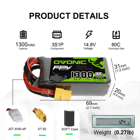 3S LiPo Battery 1300mAh 11.1V 80C Burst With XT60 Connector For RC FPV Racing Drones showing specifications and weight