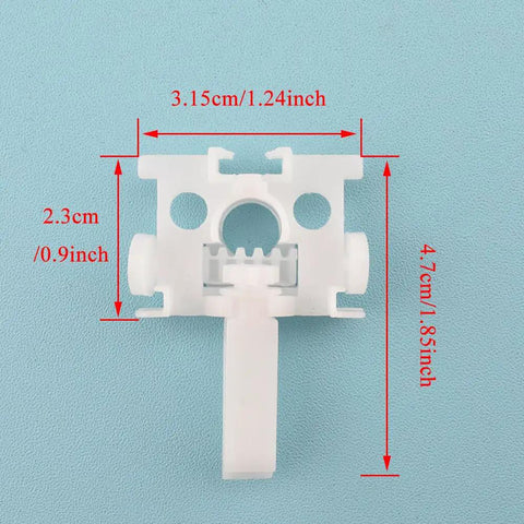 Workhorse Vertical Blind Repair Carrier With Stem 10 Pack White Replacement Parts For Window Blinds, 4.7x3.15cm plastic clip on blue background.
