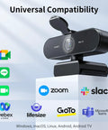 Hassle Free 4K Webcam For PC With Smart Optical Tracking And Dual Noise Cutting Mics Plug And Play Streaming Gear displayed with compatibility logos.