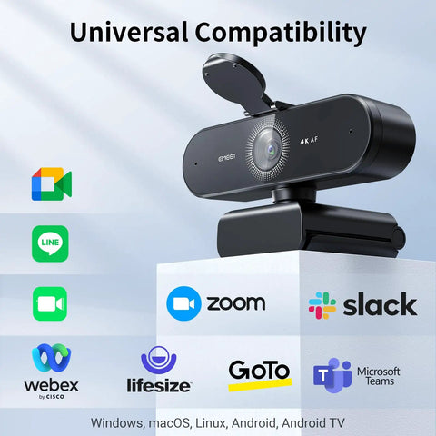Hassle Free 4K Webcam For PC With Smart Optical Tracking And Dual Noise Cutting Mics Plug And Play Streaming Gear displayed with compatibility logos.