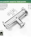 Premium KF25 To KF16 Unequal Tee Vacuum Fitting With Dual KF25 Flanges And Center KF16 ISO KF Adapter For Vacuum Systems No Logo Precision Machined Beefy And Built To Last. Stainless steel 304 tee, angled view.