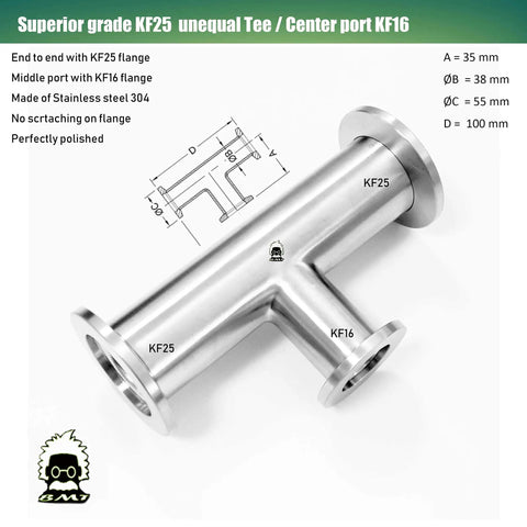 Premium KF25 To KF16 Unequal Tee Vacuum Fitting With Dual KF25 Flanges And Center KF16 ISO KF Adapter For Vacuum Systems No Logo Precision Machined Beefy And Built To Last. Stainless steel 304 tee, angled view.