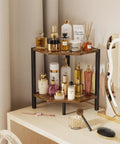 Chic Two Tier Industrial Corner Bookshelf Heavy Duty Wood Grain Metal Frame displaying beauty products in a bedroom.