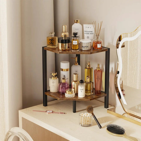 Chic Two Tier Industrial Corner Bookshelf Heavy Duty Wood Grain Metal Frame displaying beauty products in a bedroom.