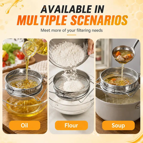 Double Mesh Honey Strainer for Beekeeping, Coarse Top Screen and Fine Bottom Screen Filter, filtering oil, flour, and soup