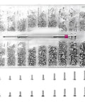 Top Shelf 500 Pack Phillips Micro Self Tapping Screws With Stainless Steel Screwdriver Kit For Heavy Duty Diy Projects And Legit Rust Resistant Fastener Gear That Kicks Butt in a clear storage box.