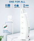 Vertical view of Eight Widely Spaced AC Outlets Surge Protector Power Strip For Home Office With Four USB Ports And Two USB C Ports.