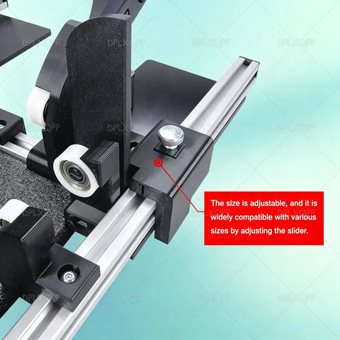 Close-up of No Sweat Manual Airplane Box Folding Jig showing adjustable track and slider for various box sizes.
