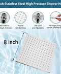 Polished Chrome Tub And Shower Faucet Set With Eight Inch Rain Shower Head Wall Mounted High Pressure Shower System Tub Spout Trim Kit With Rough In Mixer Valve Easy DIY Install. Features of 8-inch stainless steel high-pressure shower head.
