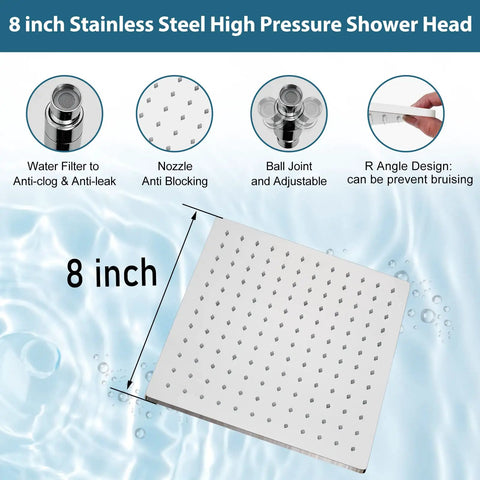 Polished Chrome Tub And Shower Faucet Set With Eight Inch Rain Shower Head Wall Mounted High Pressure Shower System Tub Spout Trim Kit With Rough In Mixer Valve Easy DIY Install. Features of 8-inch stainless steel high-pressure shower head.