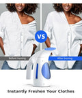 Powerful 700W Portable Handheld Clothes Steamer With 240ml Tank And Brush, Quick Wrinkle Remover shown with before and after ironing effect.