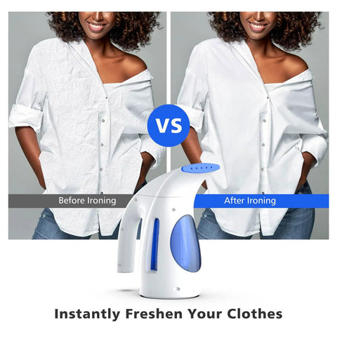Powerful 700W Portable Handheld Clothes Steamer With 240ml Tank And Brush, Quick Wrinkle Remover shown with before and after ironing effect.