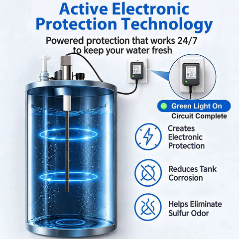Throw Out The Rotten Egg Stank With This Titanium Powered Anode Rod For Water Heaters That Keeps Your Hot Water Flowing Smooth And Shields Your Water Tanks From 40 To 89 Gallons showing electronic protection technology in a water tank.