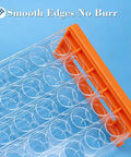 Three Piece Plastic Test Tube Rack With Fifty Holes For Fifteen To Eighteen mm Tubes Eighteen Point Seven mm Hole Diameter Clear Acrylic Lab Rack Detachable Orange For Slick Tube Organization In School And Research Labs showing smooth edges detail on a blue background.