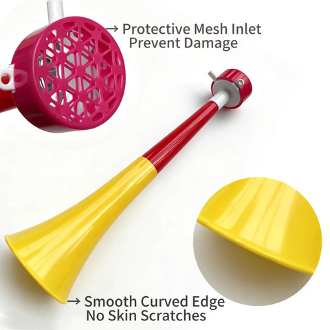 Six Pack Stadium Horns Vuvuzelas Extendable Eleven Inch Plastic Noise Makers for Game Day Tailgates showing protective mesh inlet.