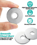 A hand holding a washer from 200 Pack Fender Washers Set, 3/8 In X 1-1/2 In Stainless Steel Flat Washers, 2 Mm Thick Zinc Hardware Washers For Screws.