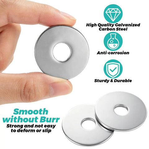 A hand holding a washer from 200 Pack Fender Washers Set, 3/8 In X 1-1/2 In Stainless Steel Flat Washers, 2 Mm Thick Zinc Hardware Washers For Screws.