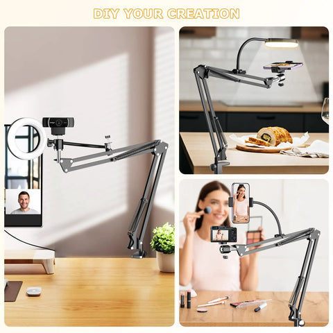 Overhead USB Ring Light Camera Mount with Flexible Arm Stand in three setups for desk, cooking, and makeup use.