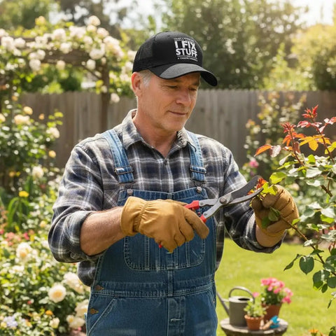 Man gardening in plaid shirt and overalls wearing 'I Fix Stuff And I Know Things Dad Hat - 3D Embroidered Cotton Baseball Cap For Men'