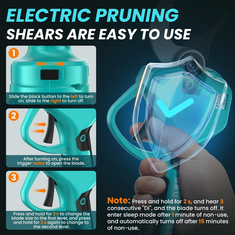 Smooth Cordless Electric Pruning Shears Featuring Brushless Motor And Dual 2Ah Batteries For No Sweat Tree Trimming And Branch Cutting Features Upgraded SK7 Steel Blades With Teflon Coating That Cuts Wood Like Butter control panel and button instructions