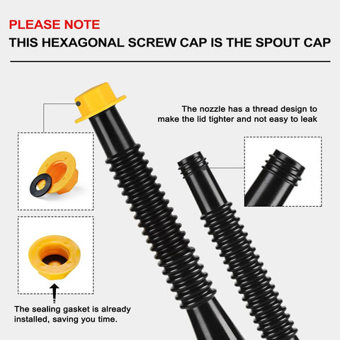 Two Pack Black Gas Can Spout Replacement Kits With Yellow HDPE Nozzles Eight Point One Inch Tube Fits Most One Half One Five And Ten Gallon Cans Easy Install Leak Free Performance, yellow cap and gasket close-up