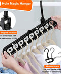 Space Saving Dorm Room Hangers Pack Of 6 With 9 Holes shown organizing clothes, featuring 360° rotation and durable design.