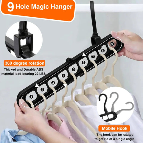 Space Saving Dorm Room Hangers Pack Of 6 With 9 Holes shown organizing clothes, featuring 360° rotation and durable design.