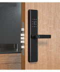 Close-up of Top Shelf Smart Biometric Fingerprint Door Lock Featuring Wifi Remote Access And Companion Mobile App Integration for keyless entry.