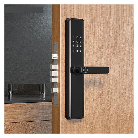 Close-up of Top Shelf Smart Biometric Fingerprint Door Lock Featuring Wifi Remote Access And Companion Mobile App Integration for keyless entry.