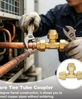 Solid 1/4 Inch SAE Male Flare Tube Fitting Gonna Fit Copper Pipes Perfectly With Top Notch Brass Build And Tight Locking Nuts For Heavy Duty Plumbing And Gear Line Setup in use with wrenches and copper pipe.