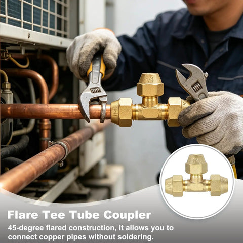 Solid 1/4 Inch SAE Male Flare Tube Fitting Gonna Fit Copper Pipes Perfectly With Top Notch Brass Build And Tight Locking Nuts For Heavy Duty Plumbing And Gear Line Setup in use with wrenches and copper pipe.