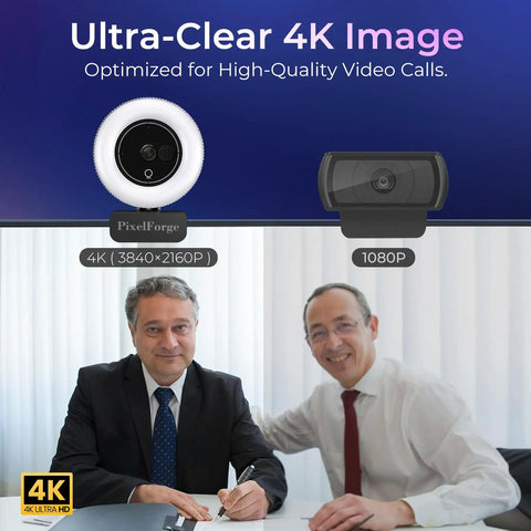 Hella Crisp 4K Webcam For PC With Built In Mic And Soft Ring Light Plus Manual Privacy Cover showing clear 4K image for video calls.