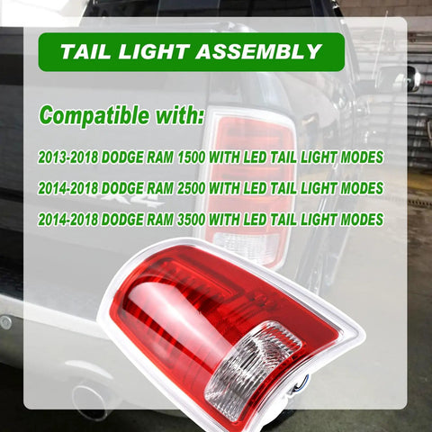 Dodge Ram LED Tail Light Assembly Right Passenger Side For 2013-2018 Ram 1500 And 2014-2018 Ram 2500 3500 Tail Lamp Replacement CH2801203 68093078AB DirectFit, showing product compatibility list and tail light close-up.